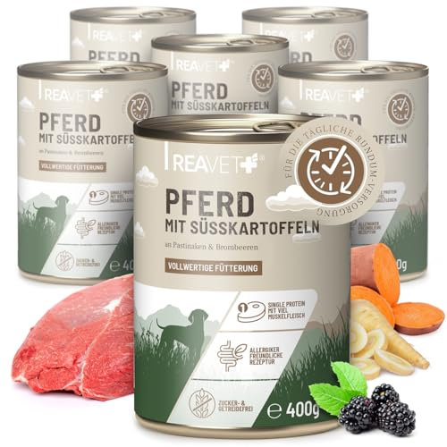 ReaVET Premium Hunde Nassfutter - Pferd an Süßkartoffeln & Brombeeren 6 x 400g I mit hohem Fleischanteil & viel Muskelfleisch, Getreidefrei, Hundefutter nass, ohne Zucker