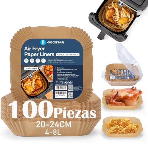 Papel para Freidora de Aire 100 Piezas, 20-24CM Papel de horno Air Fryer Cuadrado, Desechable Antiadherente, para 5-8L Freidora de Aire y Microondas,BPA Free Aigostar