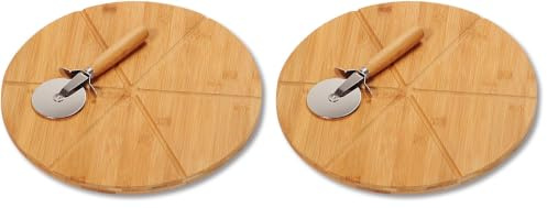 Kesper 58462 Pizza-Teller mit Pizza-Schneider, FSC-zertifizierter Bambus, Maße: ø 32 cm, Stärke: 1.5 cm (Packung mit 2)