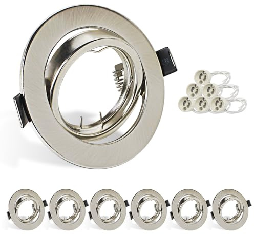 HiBay 6er Set LED Einbaustrahler 230V GU10 Einbaurahmen 68-85mm Rund Gebürstet Edelstahl Deckenspots Schwenkbar 360°Einbauleuchten Inkl. GU10 Fassung für LED oder Halogen Leuchtmittel