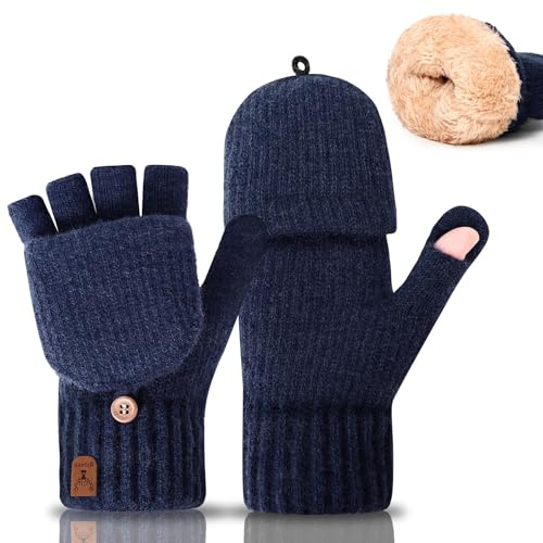 Gucass Fingerlose Handschuhe mit Kappe, Winter Flip Handschuhe für Damen Herren, Warm Strick Halbfingerhandschuhe mit Alpakawolle, Touchscreen Winterhandschuhe für Laufen Radfahren Fahren, Marineblau