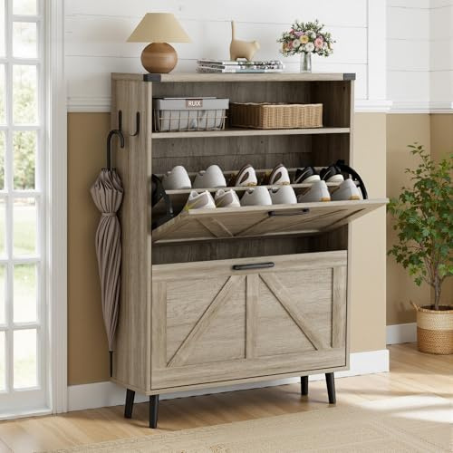 BonVache Schuhschrank Schmal, Schuhregal mit 2 Klappen, Schuhkipper mit 4 Ablageflächen, Schuhkommode mit offenem Stauraum, Schuhaufbewahrung Holz, 80x24x113,5 cm, Grau