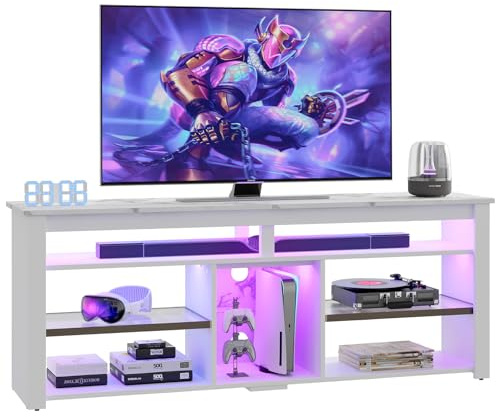 Bestier Meuble TV pour téléviseur 70 Pouces, Centre multimédia Haut avec 2 éclairages LED, Console de Jeux avec Rangement pour PS5, Meuble TV Moderne pour Chambre ou Salon, marbre Blanc