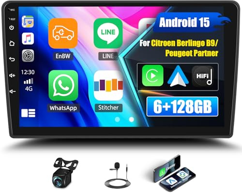 Android 15, 6G+128G 8Núcleos GOHHDL Radio Coche para Citroen Berlingo B9 2008-2017/Peugeot Partner 2008-2019 Carplay Android Auto, Pantalla de 9 Pulgadas con BTGPS WiFi FM/RDS HiFi EQ DSP SWC Cámara