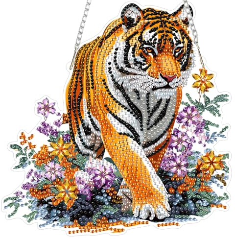 AIRDEA Tiger Diamond Painting Fensterbilder, 5D Brillante Üppiges Grün Diamond Painting Fensterbilder Beidseitig, Bausätze für Diamantmalerei Suncatcher Erwachsene 8x8 inch
