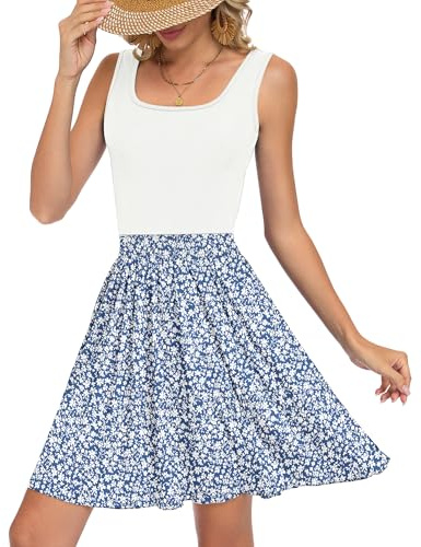 WNEEDU Vestito Donna Senza Maniche Estivo Abito Swing in Linea A Vacanza Colore Patchwork con Scollo a U e Tasche