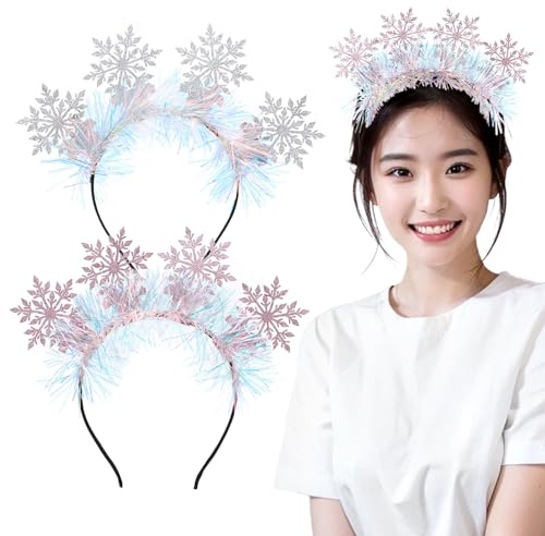 TOVINANNA Lot de 2 Bandeaux de Noël Flocon de Neige en Feutrine Paillettes Argentées et Roses Accessoires Cheveux pour Femmes Adultes Serrage-Têtes Élastiques pour Fêtes Cosplay et