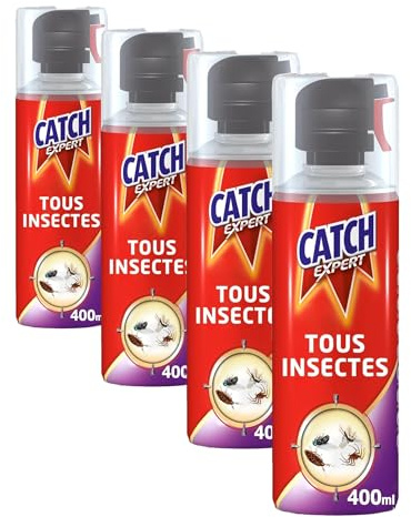 Catch Expert Volants et Rampants – Aérosol (400mL) – Insecticide Tous Insectes – Mouches Moustiques Cafards Araignées (Lot de 4)