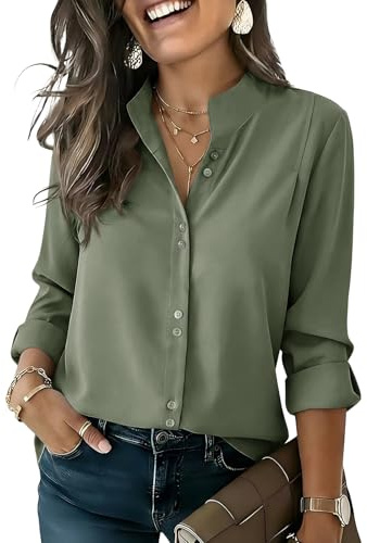 Cicy Bell Damen Button Down Bluse Oversized Blusenshirt Business Tunika Casual Oberteile Langarm Kragen Shirts Armeegrün M