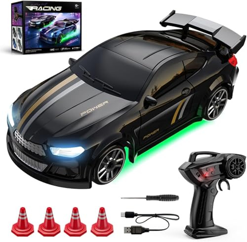 RC Drift Car, 1/64 Scale 4WD Desktop Remote Control Car With Roadblock Barrels, 20KM/H 4WD High Speed RC Cars with Lights, 2.4Ghz RC Racing With Speed ​​Adjustment,Cars Toys Gift (Style 1 (Black))