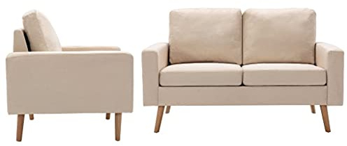 GeenYuu 2-TLG. Sofagarnitur, Stoff Creme, massives Kiefernholz, Gummibaumholz, dick gepolsterte Kissen, für Wohnzimmer, Schlafzimmer, bequemes Sitzerlebnis