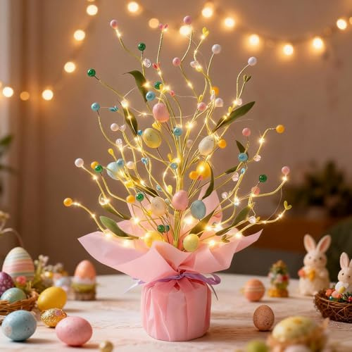 Osterdeko Osterbaum mit Lichterkette,Ostern Deko LED Baum Lichter Osterbaum mit Beleuchtung LED Lichterbaum Ostereierbaum Frühlingsdeko Leuchtbaum Bunte Eier Zweig Osterdeko Baum Batteriebetrieb (A)