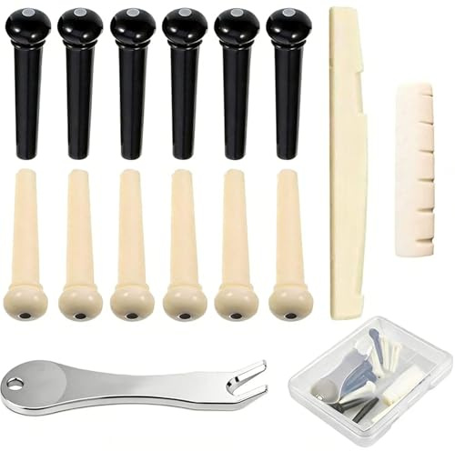 16 Pcs Acoustic Guitar Bridge Pins Set, Bone Saddle and Nut with 3-in-1 String Winder Cutter Pin Puller, 12 Black & White Guitar String Pegs, Guitar Parts Accessories Kit