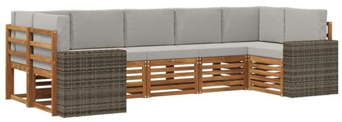 vidaXL Ecksofa Set mit Kissen 7 pcs Natürlich und Hellgrau Polyester, Akazienholz Sofa für draußen, stylisches Gartenmöbel, modulares Set für Terrasse und Poolbereich
