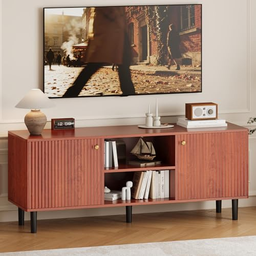 Fluted TV Stand for TVs up to 65in - Mid Century Modern Wood Entertainment Center - Adjustable Shelf & 2 Doors Storage - Media Console Table for Living Room or Bedroom - Walnut Wood with Black Legs