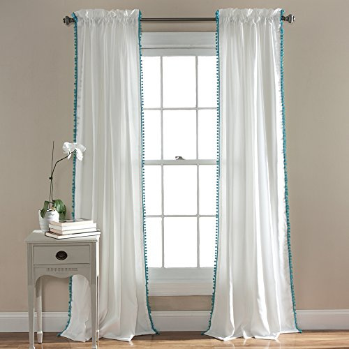 Lush Decor Bommel-Vorhang, strukturiert, einfarbig, Vintage-Chic-Stil, Fensterpaneel für Wohnzimmer, Esszimmer, Schlafzimmer (Einzelbett), Aqua, 127 x 213,4 cm (B x L)