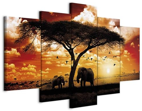 B&D XXL - Leinwandbild Tiere Elefant Savanne, 225x112 cm, 5-teilig, modern | Hochwertige Leinwand, sofort aufhängbar, ideal fürs Wohn- oder Schlafzimmer, wasserfest und lichtecht, langlebig, stilvoll