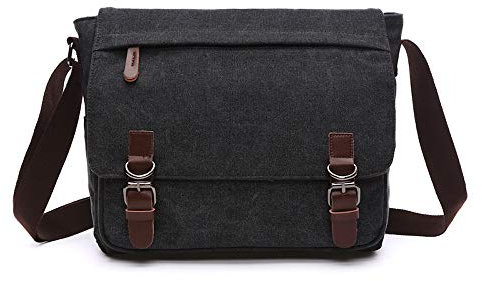Rufun Bolso Bandolera de Hombro Lienzo Laptop Maletín Bolsa para la Escuela (Negro, L)