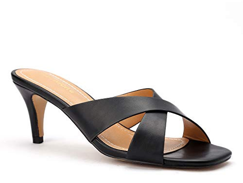 Greatonu Womens Heeled sandals Low Kitten Heels Slip On Cross Strap Mules Black Size 8.5UK