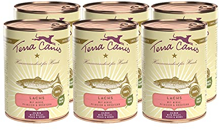 Terra Canis Lachs, Hirse, Pfirsich & Kräuter - Classic Nassfutter, 6x400g I Premium Hundefutter in 100% Lebensmittelqualität aller Rohstoffe I Reichhaltig & gesund, allergen- & getreidearm, glutenfrei