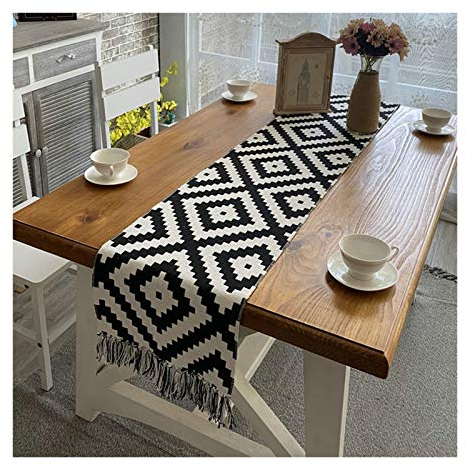 KnBoB Baumwolle Leinen Schwarz Weiß Geometrisches Puzzle Muster mit Quasten Tischläufer Hochzeit Größe 32x240CM