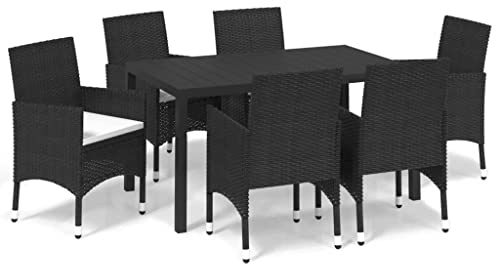 vidaXL 7-TLG. Garten-Essgruppe mit Kissen Poly Rattan Schwarz