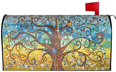 Oplp Spring Bunte Briefkastenabdeckung mit Baum des Lebens, wasserdicht, magnetisch, Mosaik, Schmetterling, Vögel, Briefkasten-Abdeckung für Garten, Heimdekoration, 53,3 x 45,7 cm