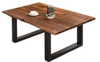 SAM Couchtisch 120 x 80 cm Billy, echte Baumkante, Akazienholz nussbaumfarben, massiver Sofatisch, U-Metallgestell Mattschwarz