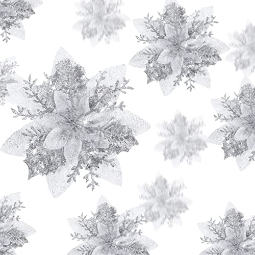 36 Stück Glitzer Künstlich Weihnachtsstern Blumen Weihnachten Poinsettie Künstlich Hochzeit Blumen Dekoration Weihnachtsbaum Ornamente mit Clips, 6 Zoll, 4 Zoll, 3 Zoll (Silber)