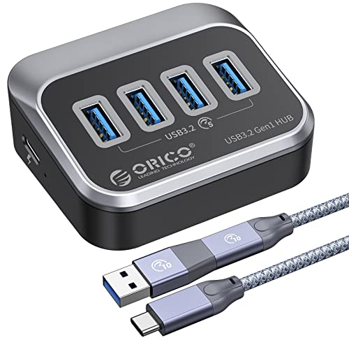 ORICO USB 3.0 Hub, 4 Port USB Verteiler, USB 3.2 GEN 1 Hub mit 0.5m 2 in1 USB Kabel, USB Splitter für PC, Laptops, Mac, Drucker, Mobile Festplatte