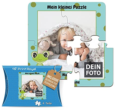 Fotopuzzle aus Holz für Kinder mit Name und Foto Puzzle selbst gestalten - Mein kleines Puzzle mit Frosch, Kinderpuzzle | 19 x 19 cm, 4 Teile in Kartonverpackung