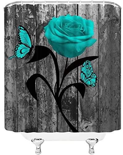 RADEMA Duschvorhang 200x200cm GrüNe Rosen Duschvorhang Antischimmel Wasserdicht Vintage-Holzverkleidung Shower Curtains Geeignet für Badezimmer Badewanne mit 12 Kunststoffhaken