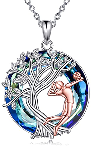 YFN Volleyball Halskette Sterling Silber Volleyball Kristall Anhänger Kette Baum des Lebens Schmuck Geburtstag Graduierung Geschenke für Damen Mädchen