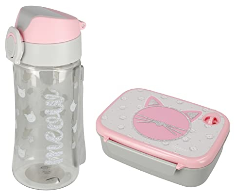 Goldkids Katze Cat Kitty Brotdose 18 x 12 x 6 cm Kinder Lunchbox Brotzeitdose Brotkasten für Frühstück Box Trinkflasche Schule Freizeit Kunststoff-Box inkl leuchtender Anhänger
