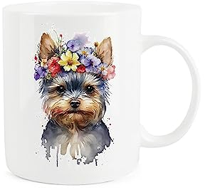 Purely Home Yorkshire Terrier Dog Mug - Flower Crown Yorkie Animal Gift/Present - Tea Coffee White Bone China Mug