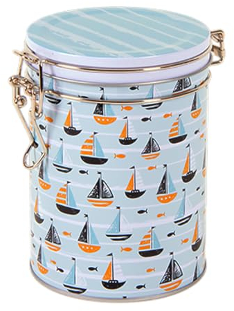 Nautical - Sailing Boats - Round Tea Caddy/Kitchen Storage Tin - Clip Lid - Aqua/Turquoise/White - 200 g - 13 cm