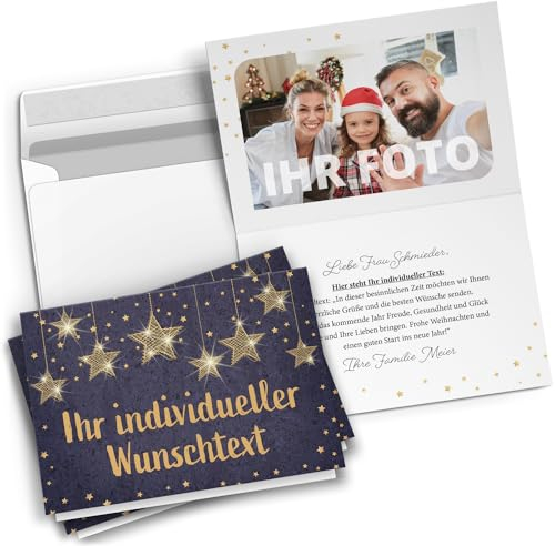 10 Personalisierte Weihnachtskarten mit Ihrem Text und Foto - Sterne auf Blau 1 - individueller Weihnachtsgruß edel Grußkarte Weihnachten Klappkarten mit Umschlägen