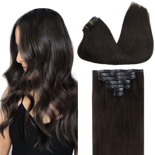 GOO GOO Nahtlose Clip in Extensions Echthaar, Echthaar Extensions Clip, 35cm 110g 7pcs, Extensions Echthaar, Haarverlängerung Echthaar, 2 Dunkelbraun