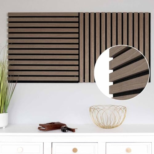 JELLE & JACOB Panneaux acoustiques muraux en placage bois chêne foncé 52 x 52 cm, lot de 2 panneaux tasseaux sur feutre acoustique noir, lamelles 3D, acoustique agréable - déco intérieure scandinave