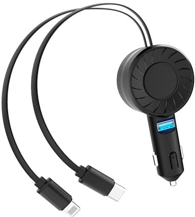 Retractable Car Charger Small, 3 in 1 Fast Car Phone Charger, 2 Retractable Cables and 1 USB Ports Car Charger Adapter, Car Charger Compatible with iPhone 15/14/13/12/11, Galaxy S23, Pixel