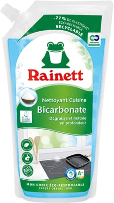 RAINETT - Nettoyant & Dégraissant Cuisine au Bicarbonate - Haute Efficacité Dégraissante & Désincrustante - Poche 100% Recyclable - Ecolabel - Eco-Recharge 1 L
