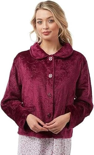 Lady Olga Bed Jackets For Women | Lightweight Housecoats Pyjama Tops Ladies Jackets | Rose & Navy Fleece Jacket Warm & Cosy Buttoned Embossed Ladies Dressing Gown Size 10-24(Rose,14-16)