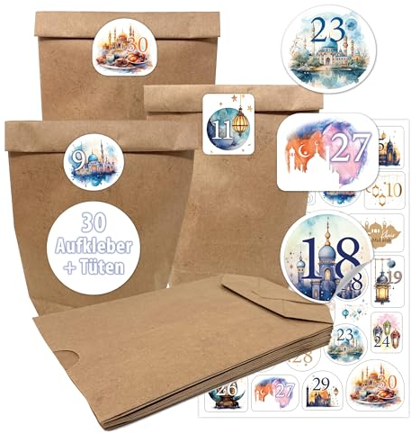 TOBJA Ramadan Kalender Kinder DIY Set 30 Glänzende Aufkleber & Große Kraftpapiertüten, Ramadan Tüten zum befüllen, Perfekt für Familie. (30 Tüten + Aufkleber)