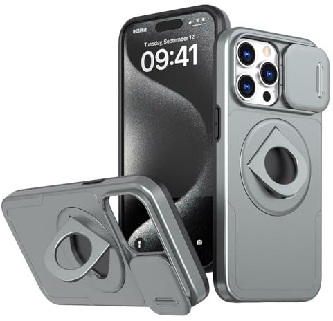 Rdyi6ba8 Cover Magnetica per iPhone 15 Pro Max con Fotocamera Scorrevole, 360°Anello Supporto con Magnetico Integrato, Antiurto di Livello Militare Case per iPhone 15 Pro Max, Grigio