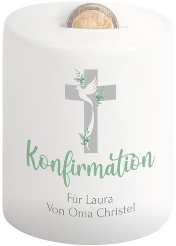 Elegante Spardose personalisiert „Konfirmation“ (Kreuz-Blätter-Tauben-Motiv) - Sparbüchse für Mädchen & Jungen – Geld-Geschenke Geschenk für Konfirmanden (Konfirmation)
