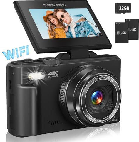 4K Digital Camera for Photography, WiFi 64MP Autofocus Vlogging Camera for YouTube with 3 180°Flip Screen, 18X Digital Zoom Compact Vlog Travel Camera with 32GB SD Card, Batteries, Black