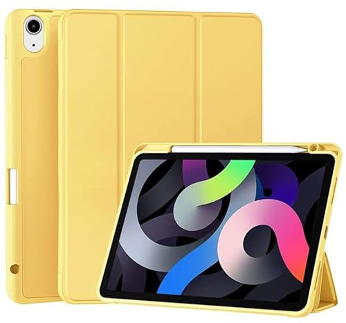 Hülle für iPad Air 11 Zoll 2024 M2 6th/ Air 5th 4th Generation (10.9 Zoll 2022/2020) Stifthalter Trifold Protective TPU Leder Smart Case für Air 5/4 Cover mit Auto Sleep/Wake (Gelb)