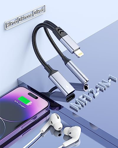 Adaptador y Divisor de Auriculares para iPhone, [Apple MFi Certified] 2 en 1 Lightning a 3.5mm AUX Audio Divisor de Cargador, Compatible con iPhone 14/13/12/11/SE/XR/XS/8/7/Todos los iOS Pad.