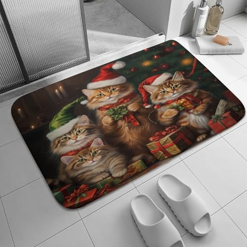 Fußmatte Lustiges Katzenthema Frohe Weihnachten Mit Katzen Festliche Rote Weihnachtsmütze Türmatte Langlebig Badezimmerteppich Weiche Badteppich Für Schlafzimmer Haustür Toilette 40x60cm