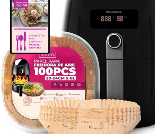 IKKHO® Papel Freidora Aire Sin BPA + Recetario Digital QR | 100 Piezas (20-24cm) - Desechable, Antiadherente Para Horno - Papel para Freidora de Aire (5-8L) | - Papel Air Fryer Cuadrado